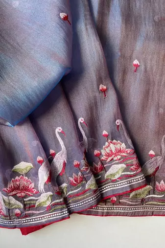 Purple Color  multithread embroidery Work art silk saree