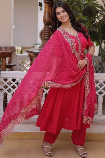 Attractive Pink Bead Work Chanderi Wedding Wear Anarkali Suit