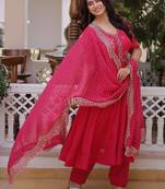 Attractive Pink Bead Work Chanderi Wedding Wear Anarkali Suit