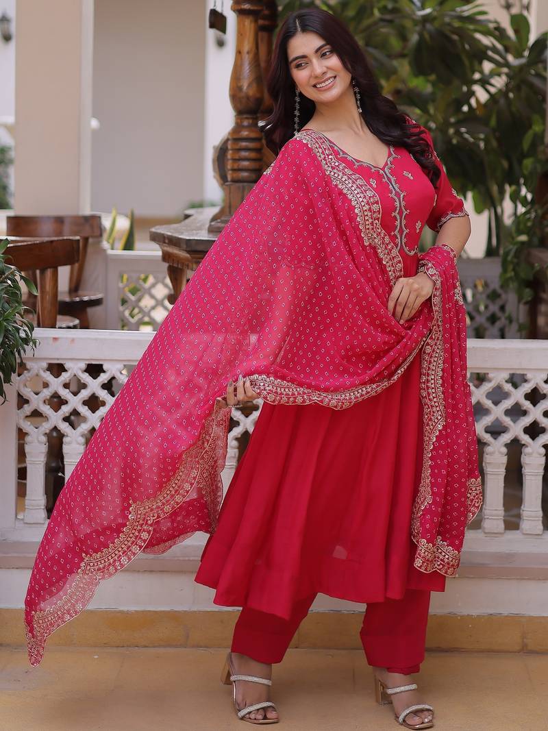 Attractive Pink Bead Work Chanderi Wedding Wear Anarkali Suit