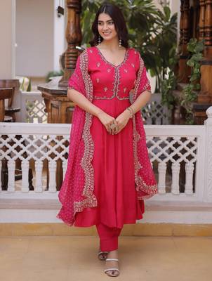 rani pink chanderi anarkali suit with beads zari work 2
