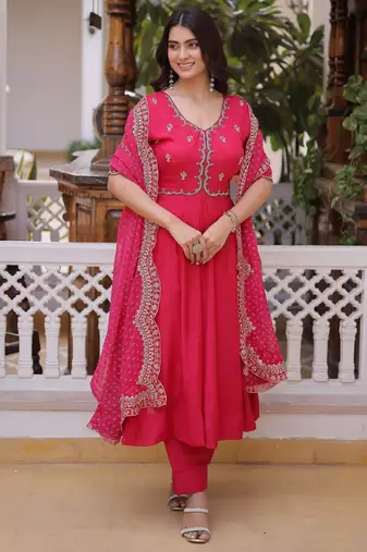 rani pink chanderi anarkali suit with beads zari work