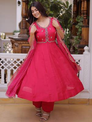 rani pink chanderi anarkali suit with beads zari work 3