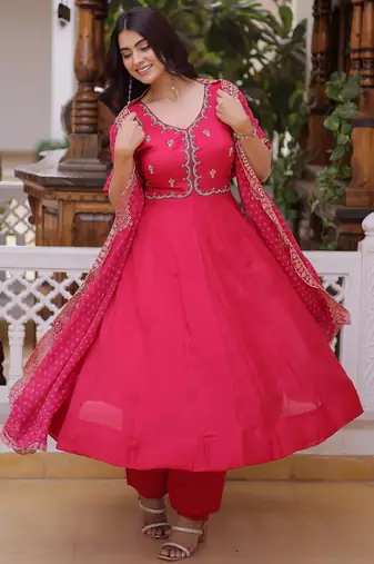 rani pink chanderi anarkali suit with beads zari work