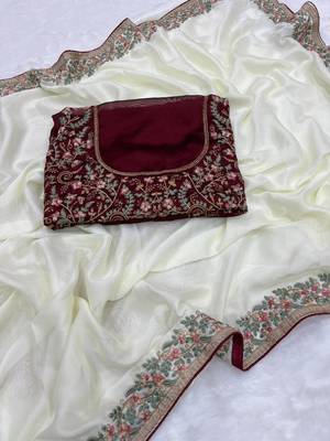 white silk saree with embroidery and zari work 1