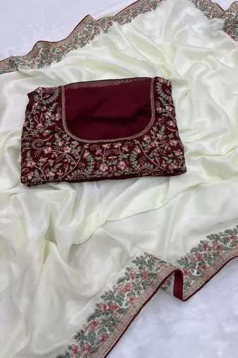 White Color Embroidery and zari work Silk Saree
