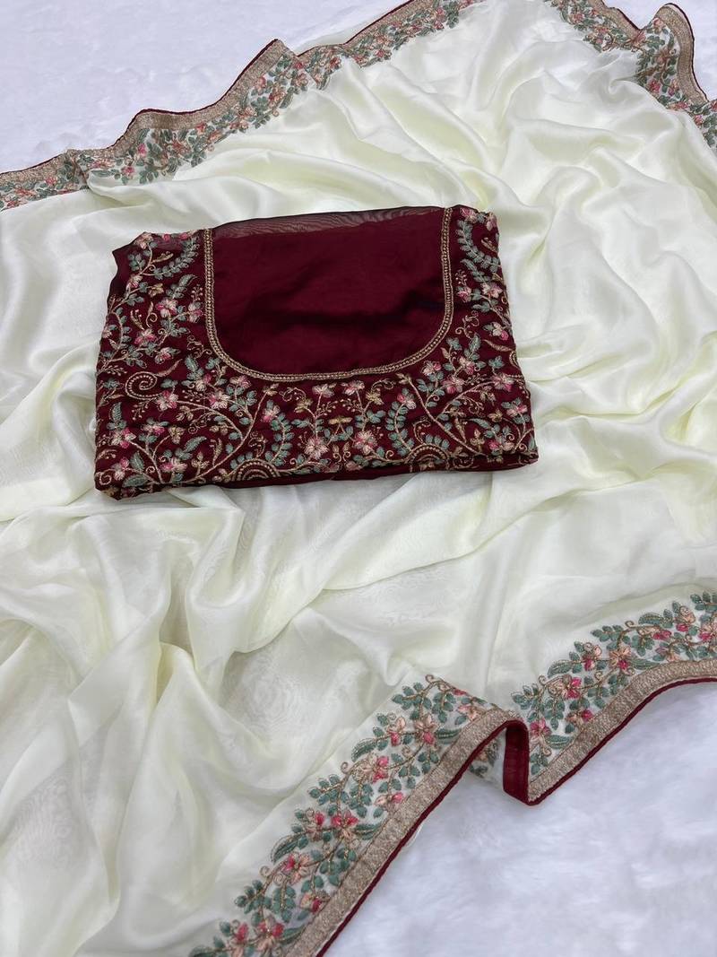 White Color Embroidery and zari work Silk Saree