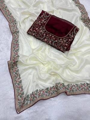 white silk saree with embroidery and zari work 2