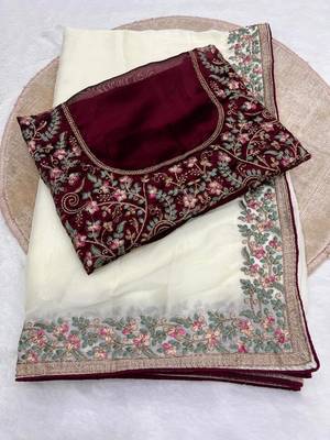 white silk saree with embroidery and zari work 3