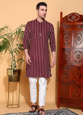 maroon cotton kurta with geometric zigzag print work
 5