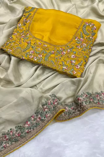 Beige Color Embroidery and zari work Silk Saree