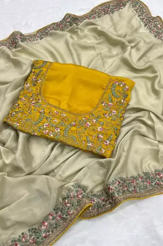 beige silk bridal saree with embroidery and zari work