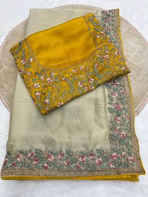 beige silk bridal saree with embroidery and zari work 3