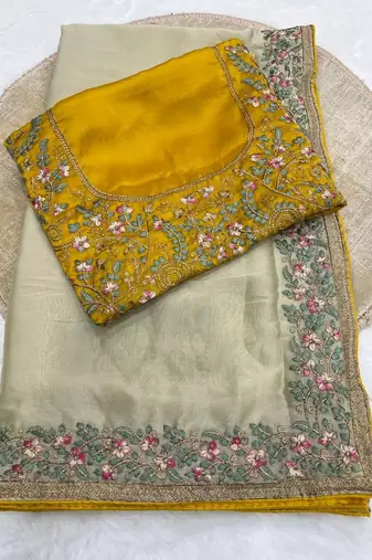 beige silk bridal saree with embroidery and zari work