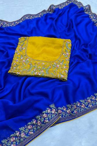 Royal Blue Color Embroidery and zari work Silk Saree