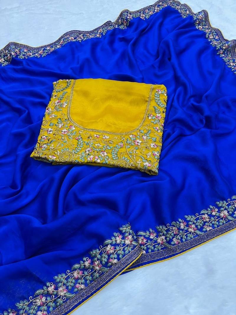 Royal Blue Color Embroidery and zari work Silk Saree