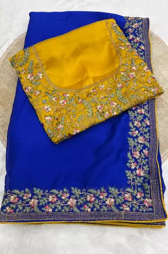 royal blue silk sari with embroidery zari work
