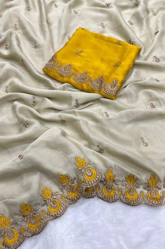 Beige Color Embroidery and zari work Silk Saree