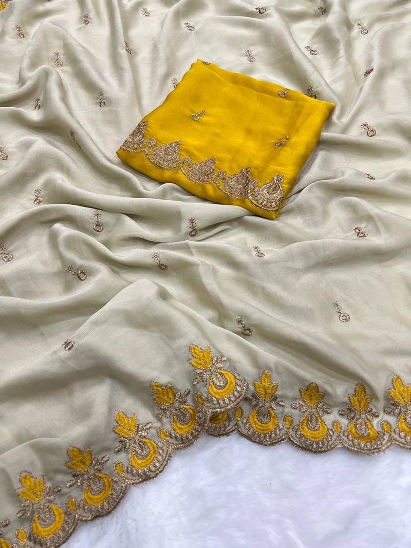 Beige Color Embroidery and zari work Silk Saree