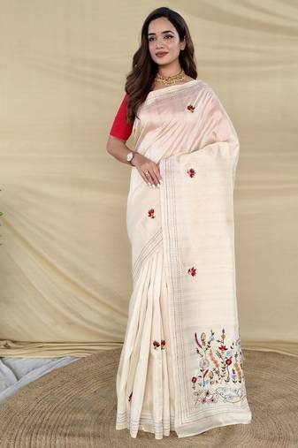 Cream Color  machine woven embroidery Work Silk Saree 