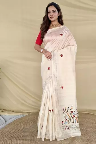 Cream Color  machine woven embroidery Work Silk Saree 