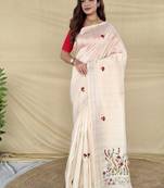Cream Color  machine woven embroidery Work art silk saree 