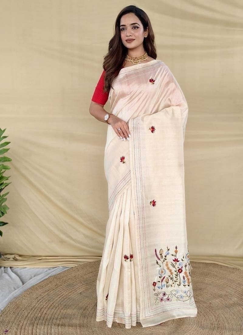 Cream Color  machine woven embroidery Work Silk Saree 