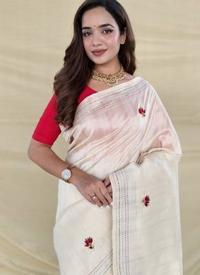 Cream Color  machine woven embroidery Work art silk saree  2
