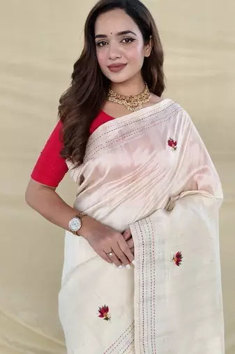 Cream Color  machine woven embroidery Work art silk saree 