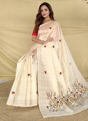Cream Color  machine woven embroidery Work art silk saree  3