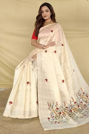 Cream Color  machine woven embroidery Work art silk saree 