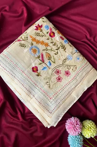 Cream Color  machine woven embroidery Work art silk saree 