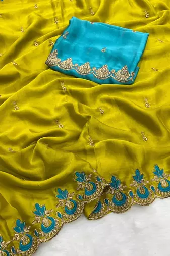 Mustard Color Embroidery and zari work Silk Saree