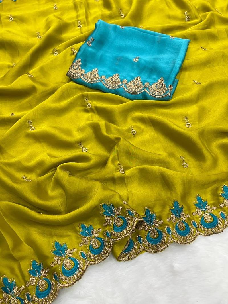 Mustard Color Embroidery and zari work Silk Saree