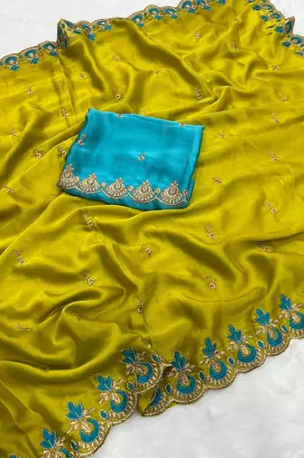 mustard silk saree with embroidery and zari work