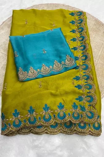 mustard silk saree with embroidery and zari work