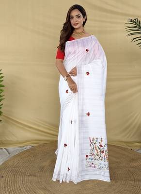 White Color  machine woven embroidery Work art silk saree  1