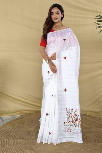 White Color  machine woven embroidery Work Silk Saree 