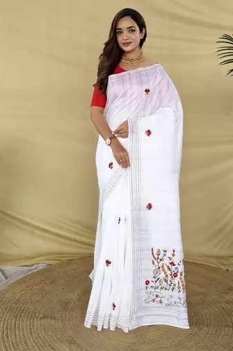 White Color  machine woven embroidery Work Silk Saree 