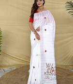 White Color  machine woven embroidery Work art silk saree 