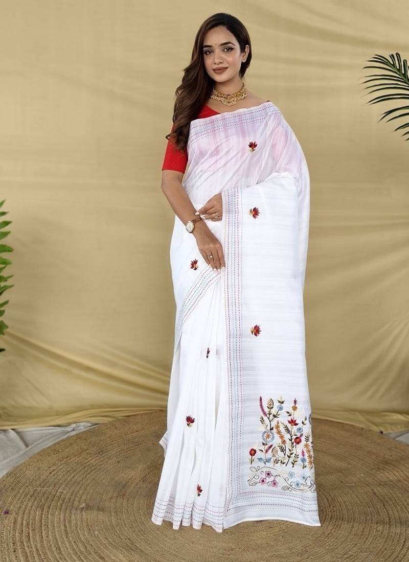 White Color  machine woven embroidery Work Silk Saree 