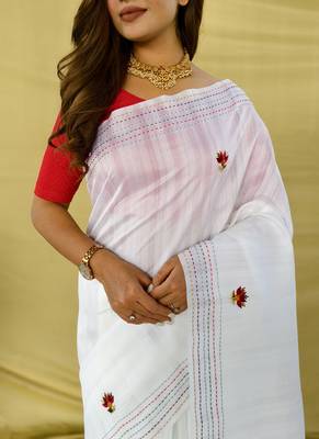 White Color  machine woven embroidery Work art silk saree  2