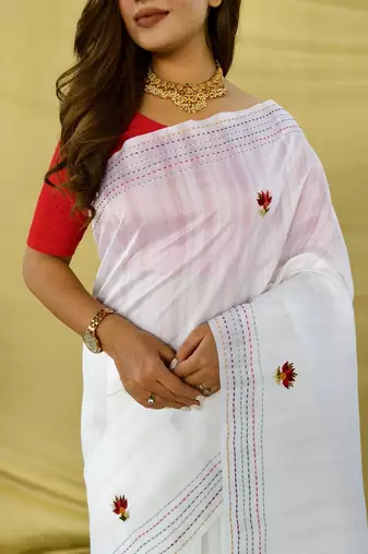 White Color  machine woven embroidery Work art silk saree 