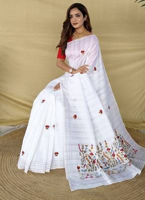 White Color  machine woven embroidery Work art silk saree  3