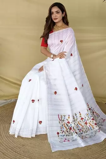 White Color  machine woven embroidery Work art silk saree 