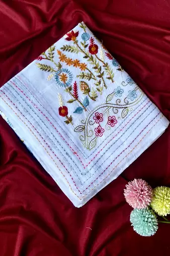 White Color  machine woven embroidery Work art silk saree 
