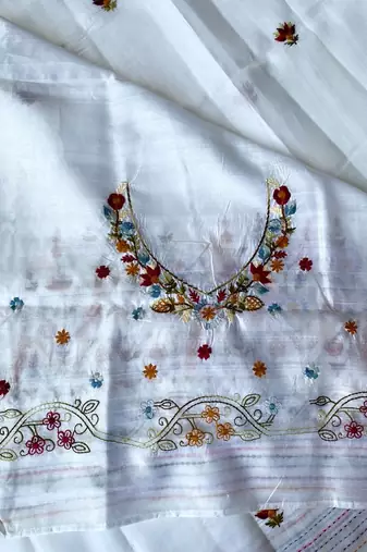 White Color  machine woven embroidery Work art silk saree 