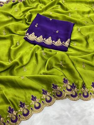 parrot green silk saree with embroidery and zari work 1