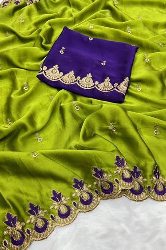 Parrot Green  Color Embroidery and zari work Silk Saree