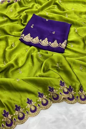 Parrot Green  Color Embroidery and zari work Silk Saree
